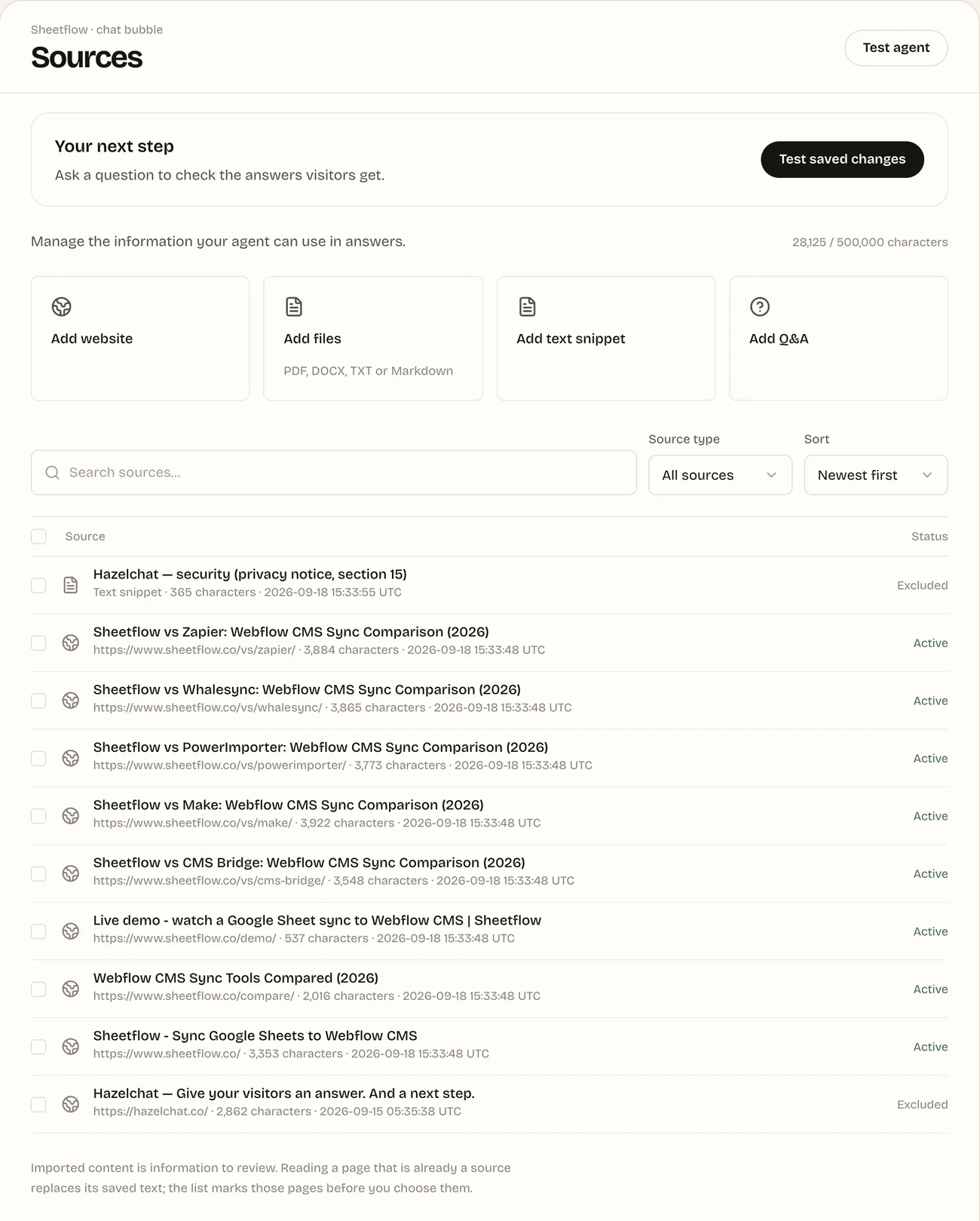 Hazelchat’s Sources page in a rehearsal workspace: buttons to add a website, files, a text snippet or a Q&A, and a list of imported pages with their addresses, sizes and whether each is active.