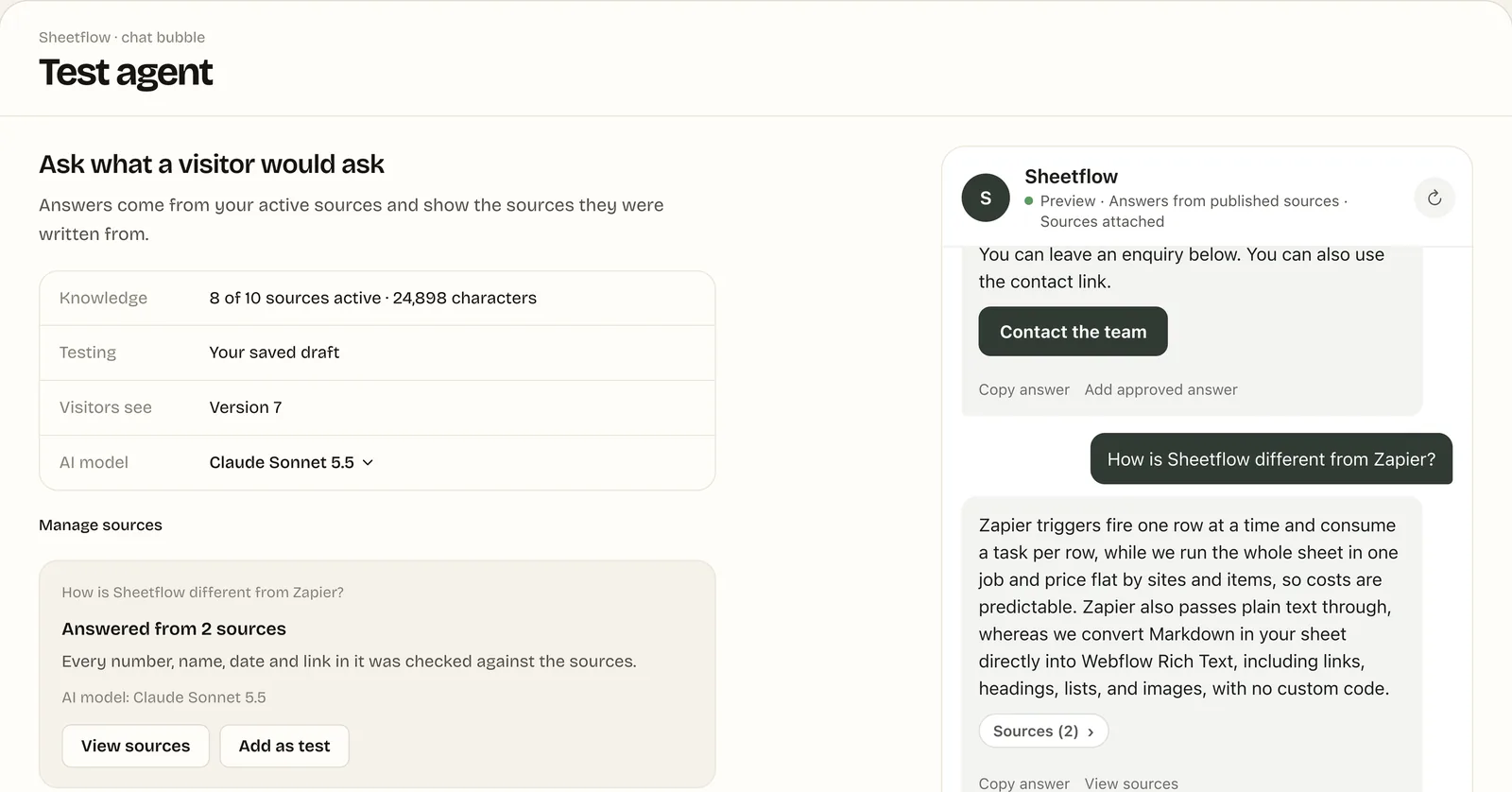 Hazelchat’s Test agent page in a rehearsal workspace. A test question is answered from two sources, and the result card says every number, name, date and link in the answer was checked against the sources.