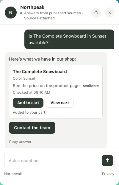 Eine Produktkarte im Chat von Hazelchat in einem erfundenen englischsprachigen Demo-Shop: The Complete Snowboard, Farbe Sunset, Preis auf der Produktseite, verfügbar, um 09:10 Uhr geprüft, mit den Schaltflächen Add to cart und View cart und dem Hinweis Added to your cart.