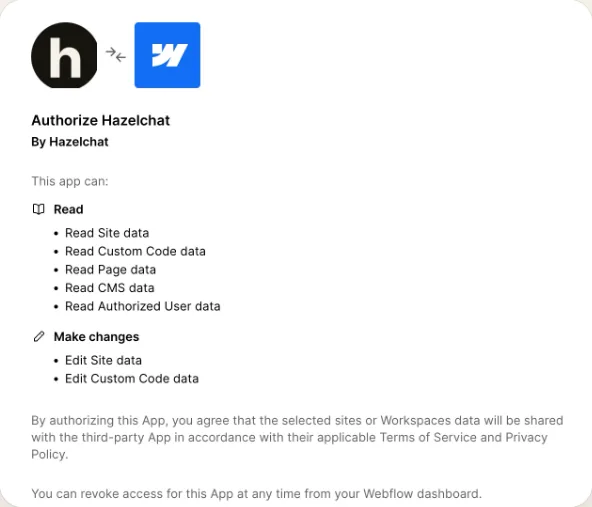 Der Bildschirm Authorize Hazelchat von Webflow. Lesen: Website-Daten, eigener Code, Seiten, CMS und Benutzerdaten. Ändern: Website-Daten und eigener Code.