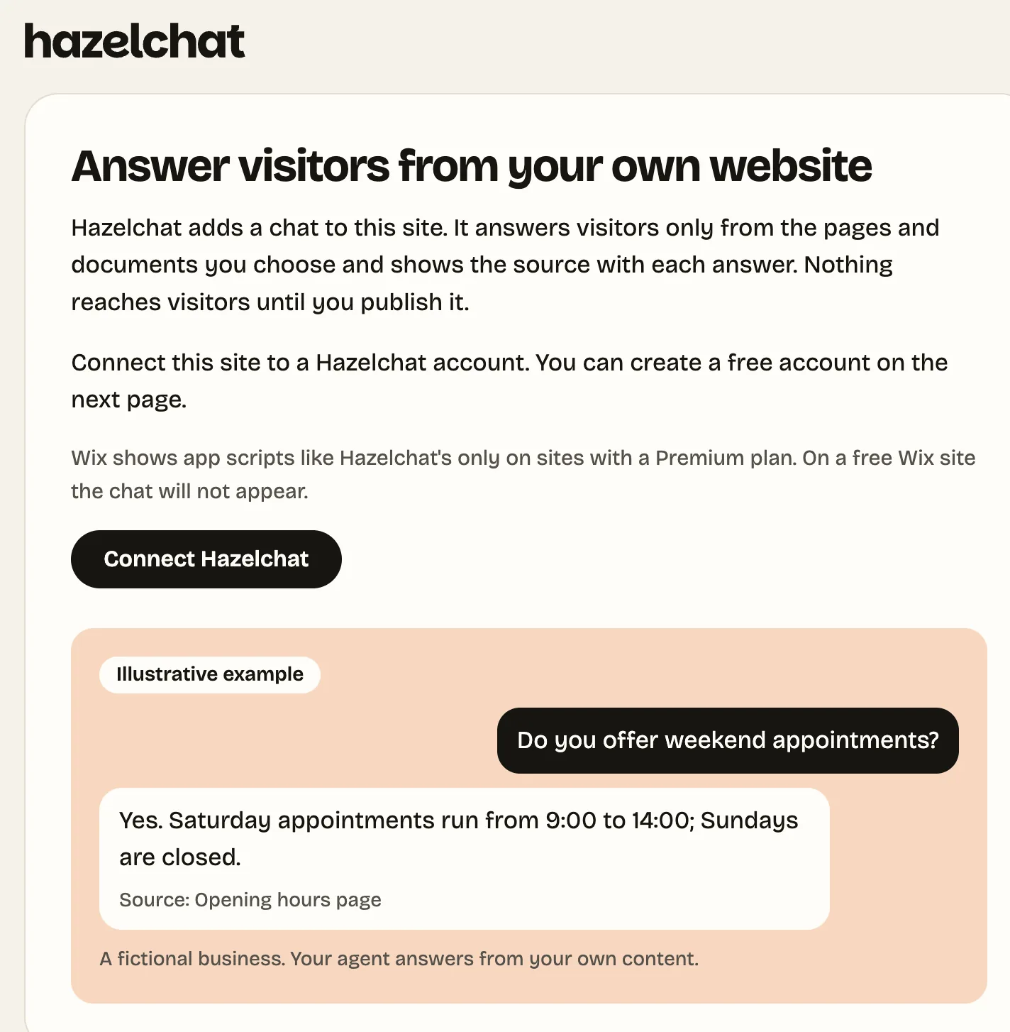 Die Seite der Hazelchat-App im Dashboard einer Wix-Website: Answer visitors from your own website, ein Hinweis, dass der Chat nur auf Premium-Websites erscheint, die Schaltfläche Connect Hazelchat, ein gekennzeichnetes Beispiel und der Tarifbereich mit See plans.